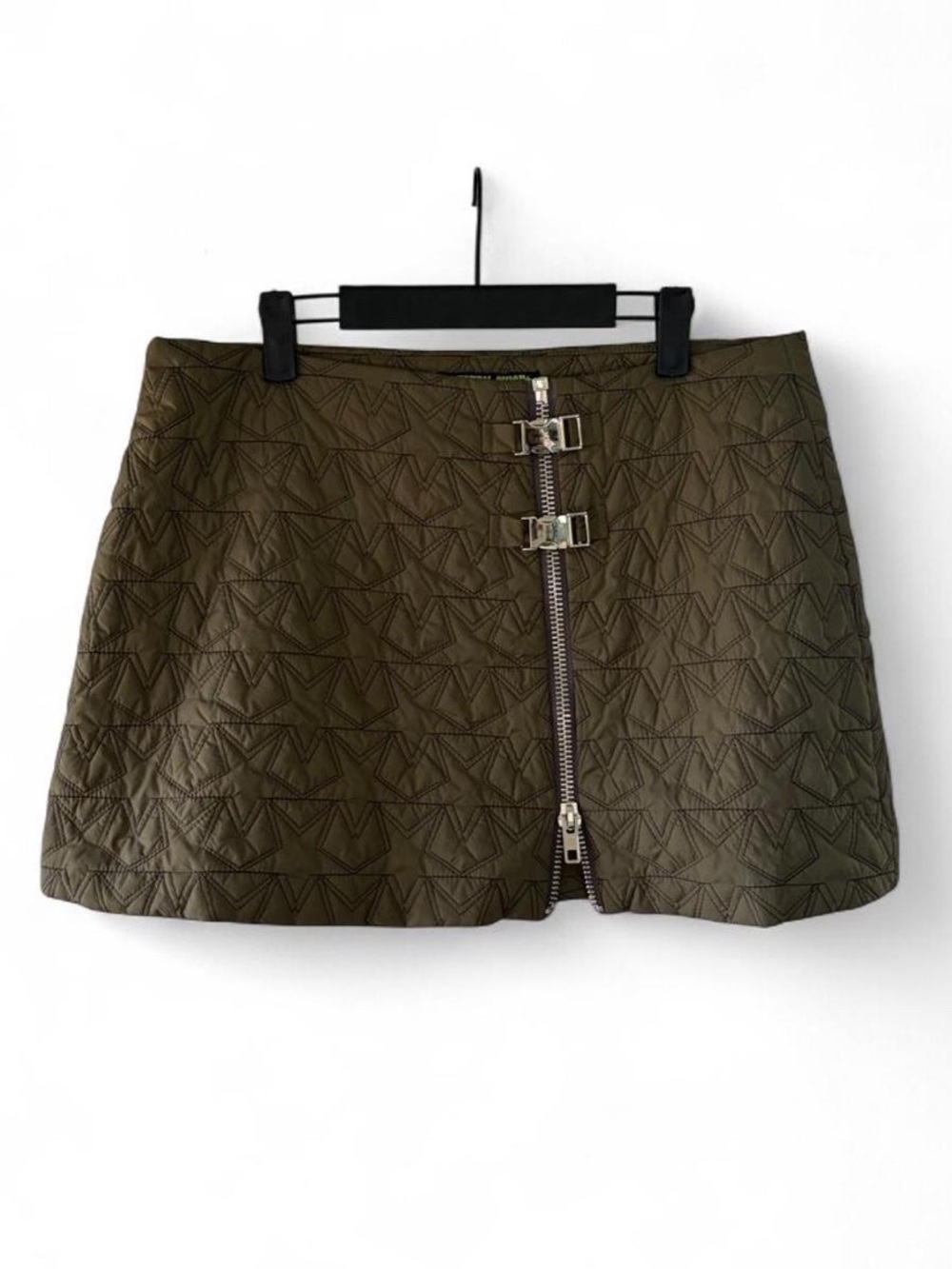 Tunnel Vision Quilted Olive Green Mini Skirt with Front Zip and Buckle Detail